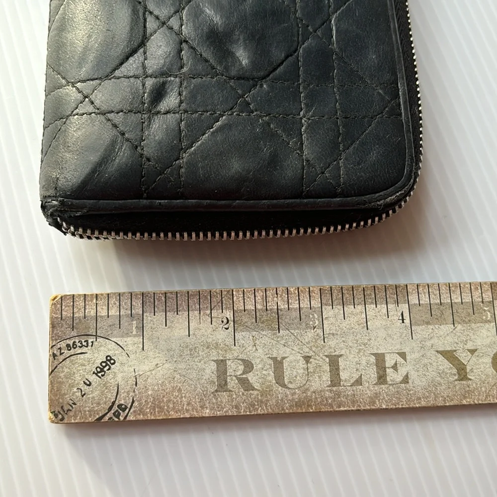 Lady Dior Voyageur Cannage Black Quilted Leather Zip Around Wallet w/ Logo charm